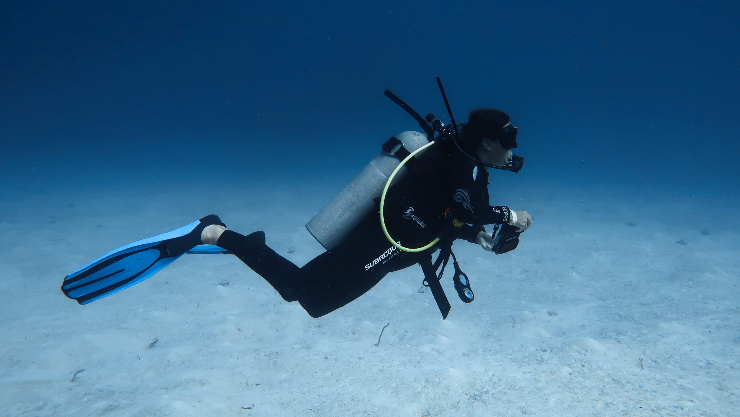 Diver underwater diving in Mexico, Mahahual